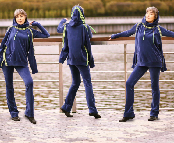 Стиль и комфорт: женский спортивный костюм из темно-синего бархатного велюра